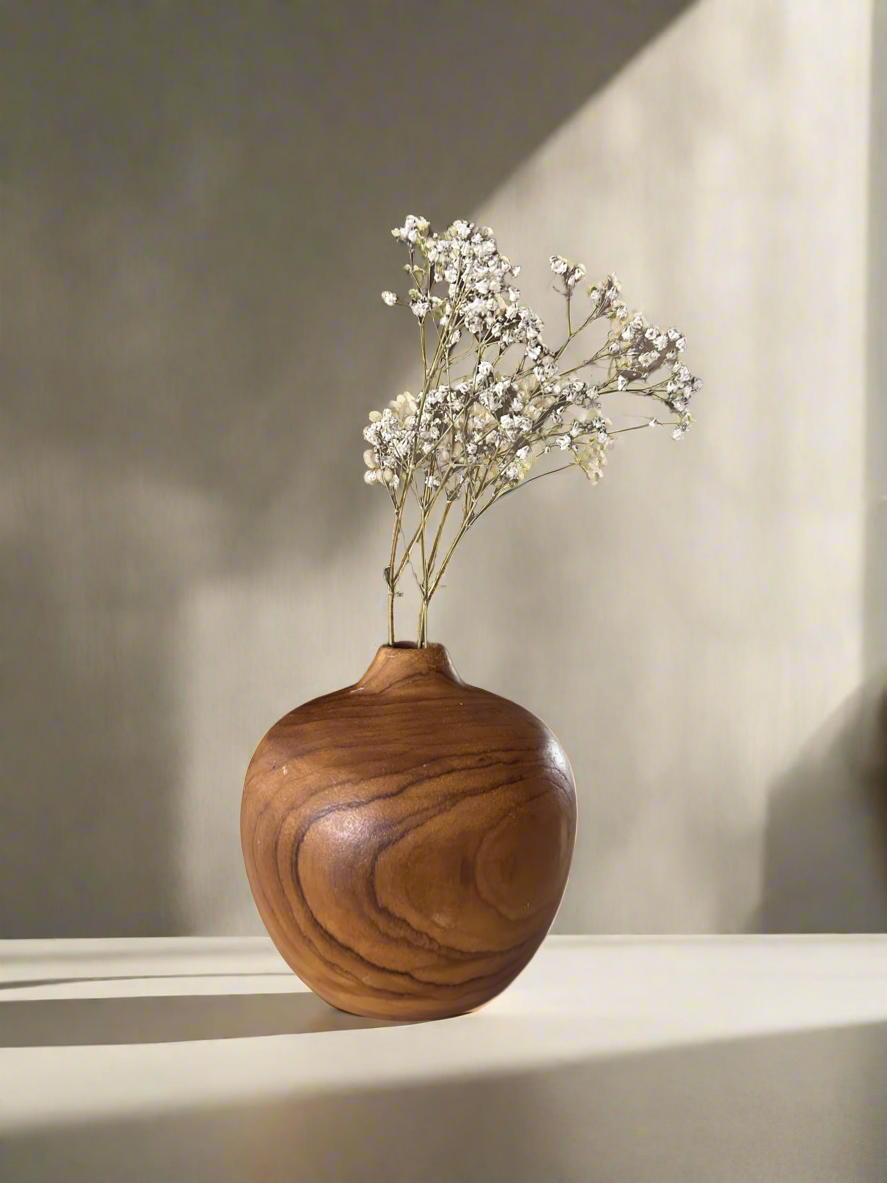 Solid Teak Wood Round Vase